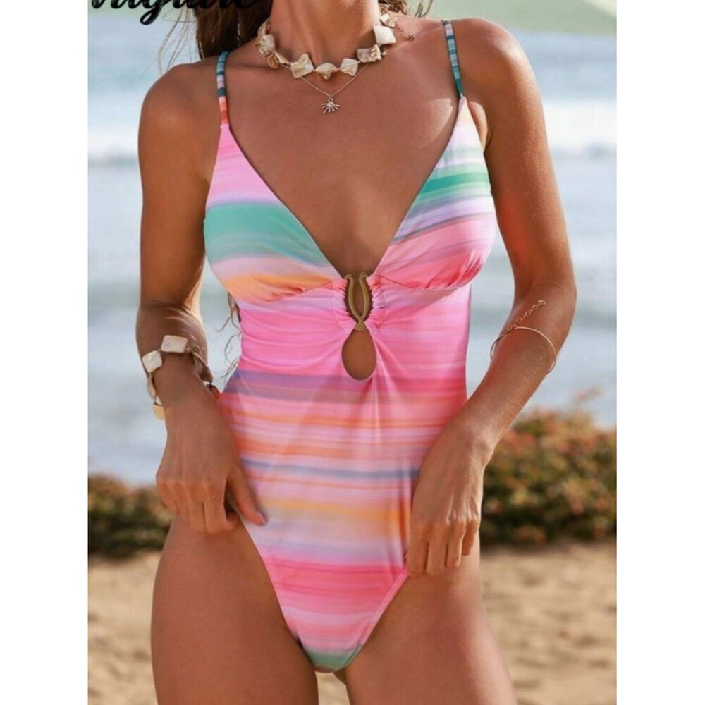 Ombre Striped Deep V Neck Monokini Swimsuit One piece Resort Style Swimwear